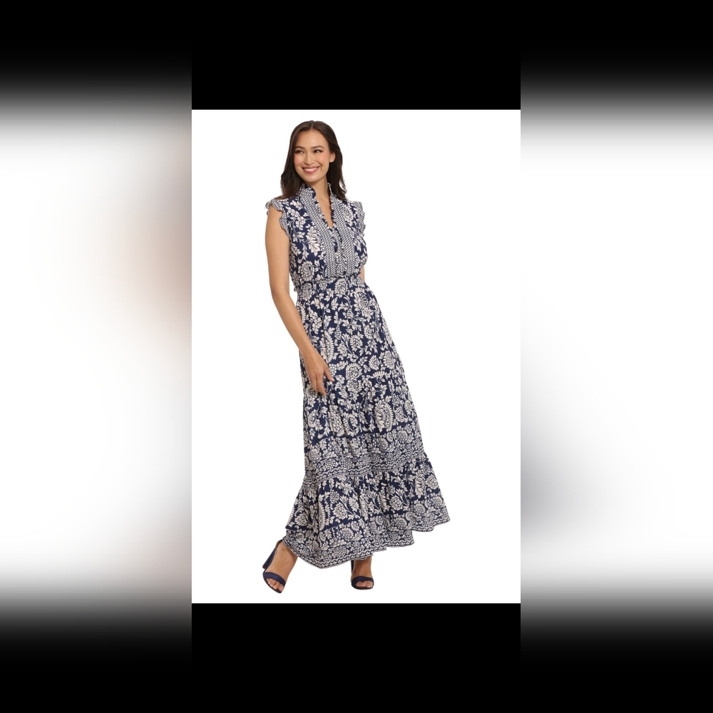 London Times Navy and Off White Patterned Maxi Dress